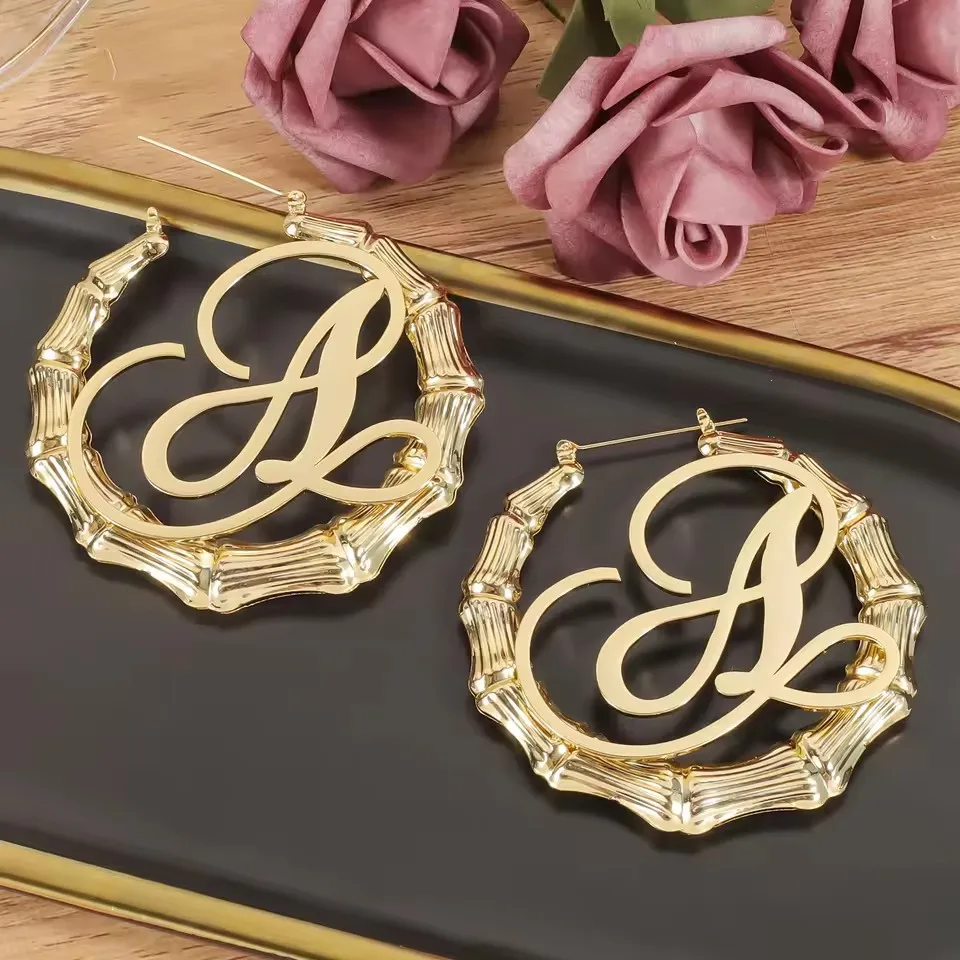 Christmas Gift Stainless Steel Earrings Custom 30mm-100mm Name Bamboo Hoop Earring Bamboo Personality Name Drop Earring