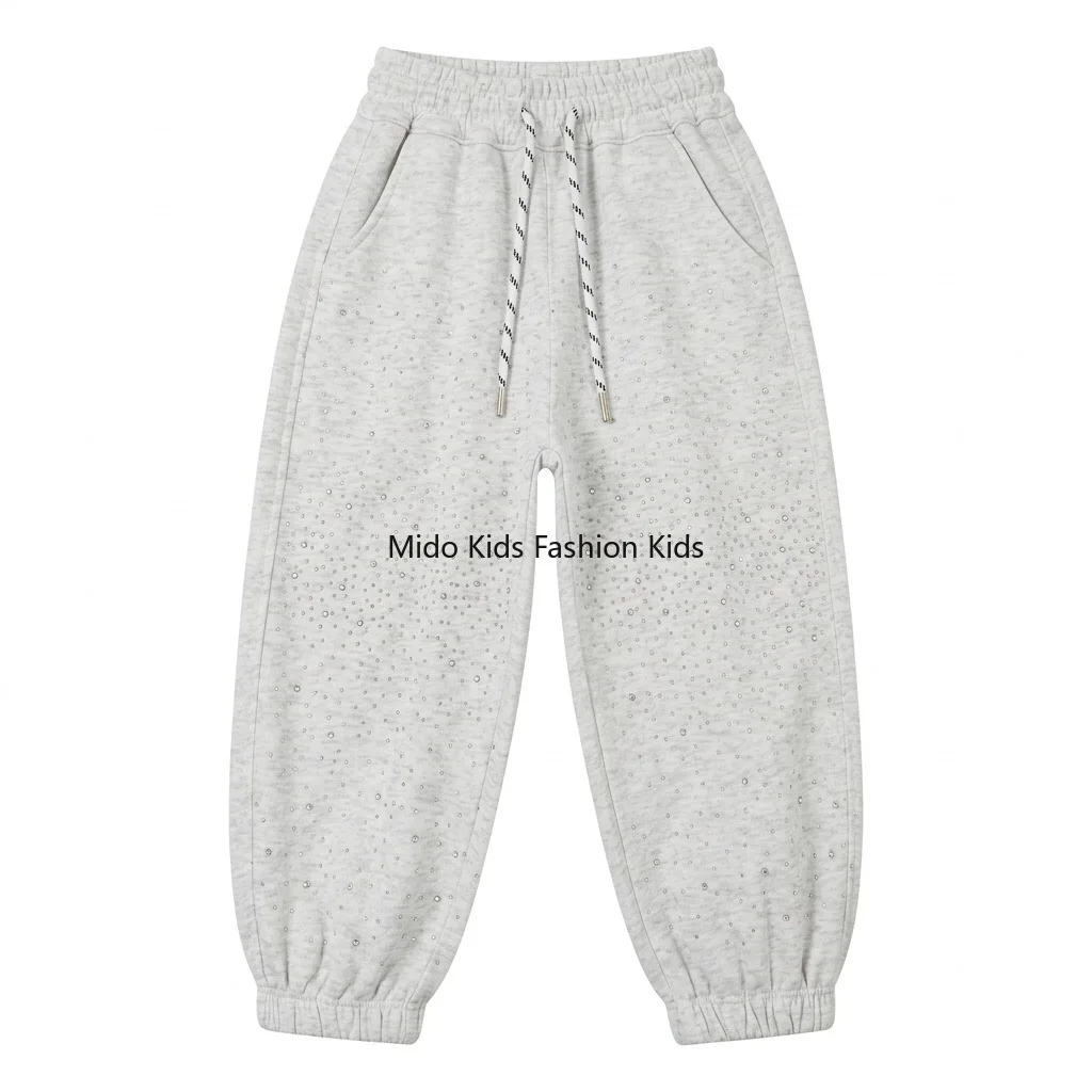 New Spring Toddler1-9Y  Girls Stylish Rhinestone Decor Pants Korean Fashion Casual Long Pants for Kids for 90-160cm