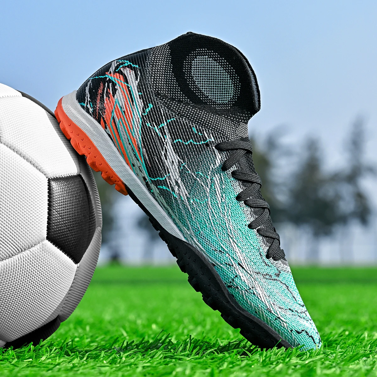 通気性のあるtfターフサッカースパイク、pu素材の複合アッパー、滑り止めゴムソール、費用対効果の高い男女兼用フットウェア