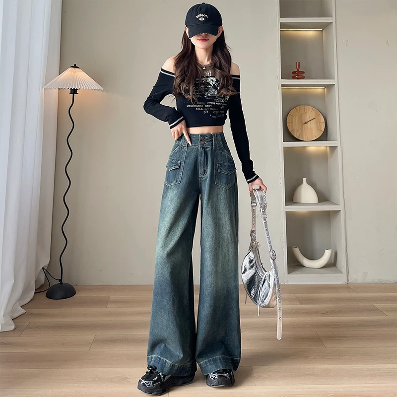 

Широкие джинсы женские свободные мешковатые джинсовые брюки винтажные Y2K панк с низкой талией уличная одежда длинные модные брюки