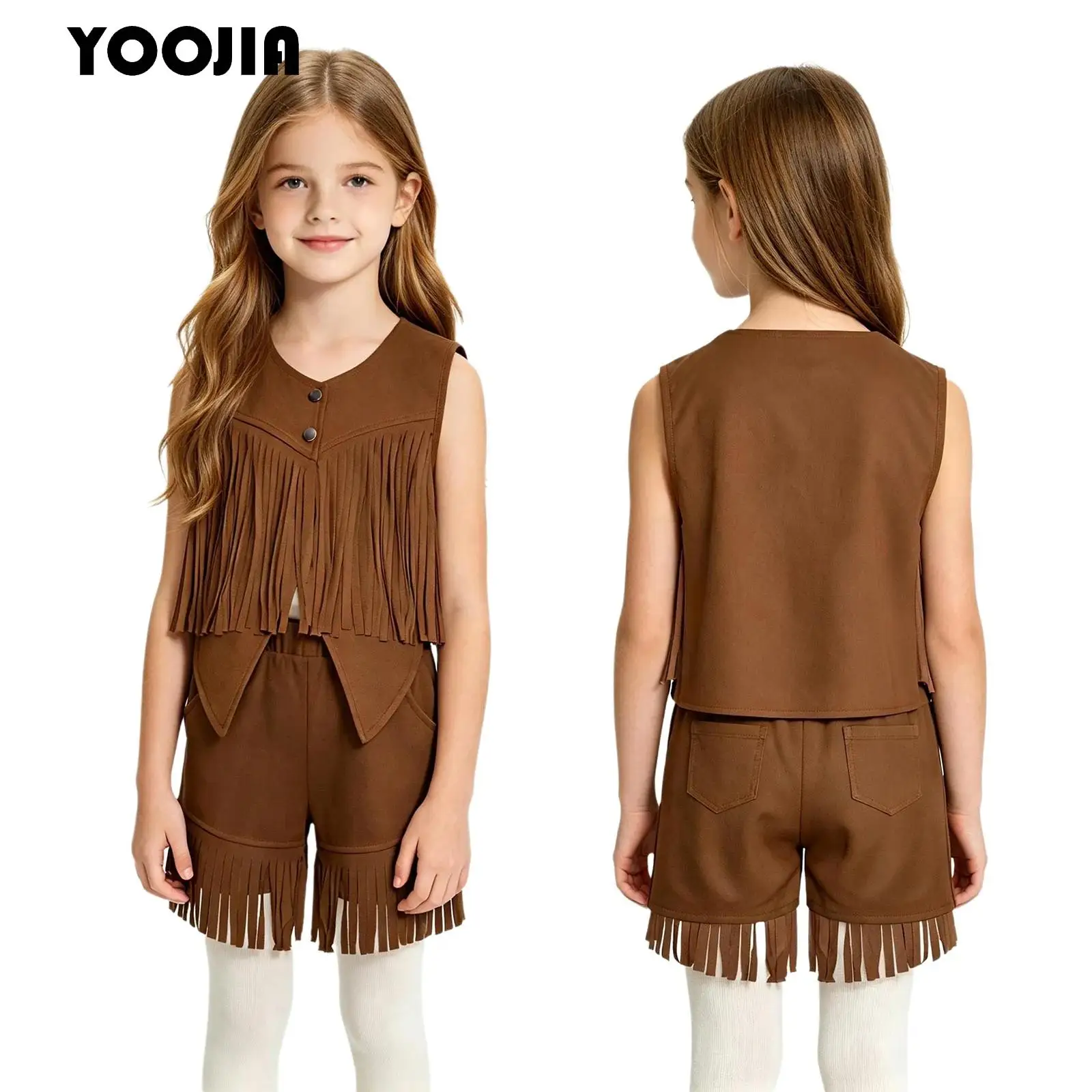 Girls Boys Halloween Cowgirl Cowboy Costume Outfit Sleeveless Irregular Hems Faux Suede Fringe Vest with Shorts Pockets Dress Up