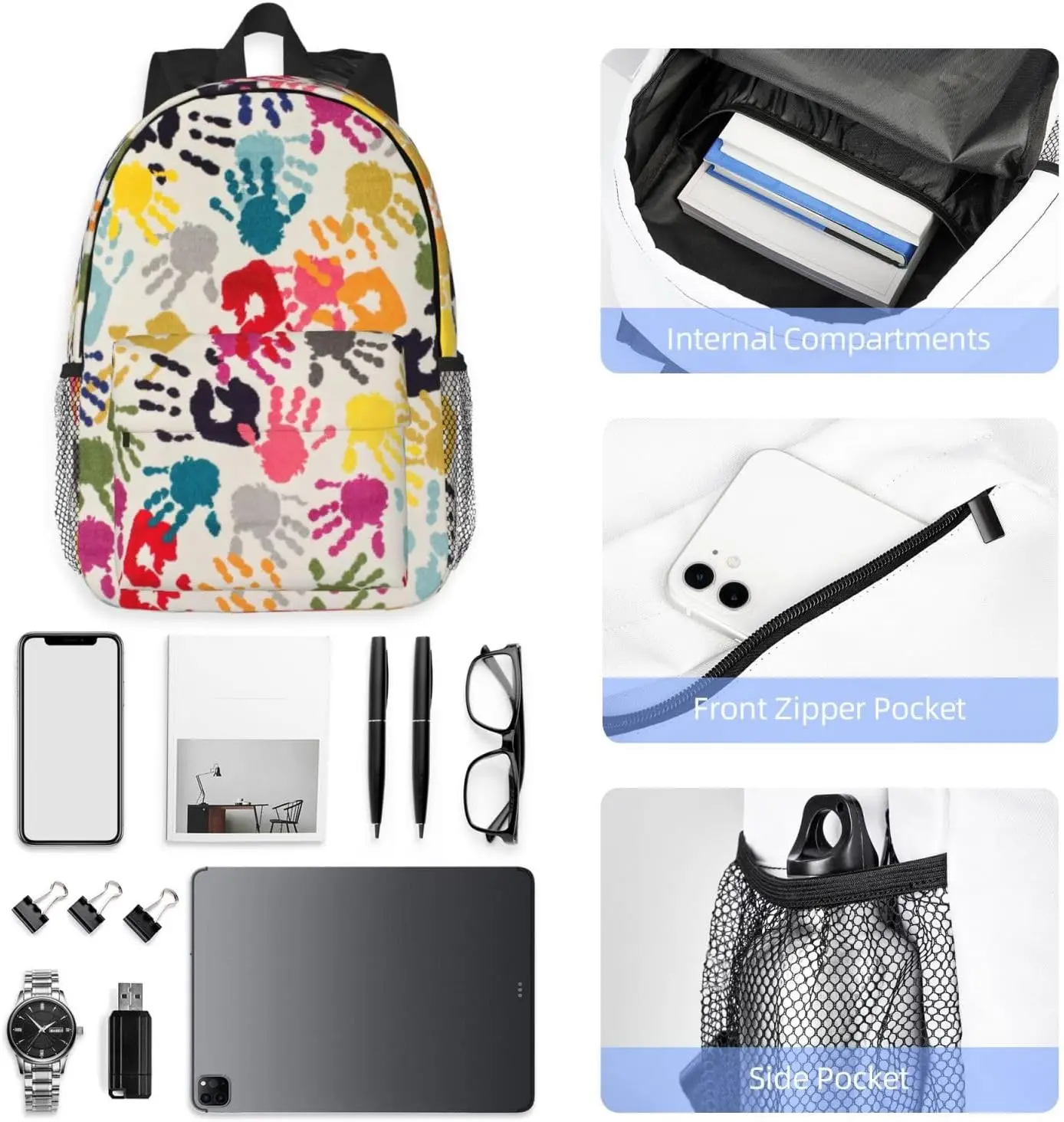 حقيبة ظهر مطبوعة يدويًا للبالغين، حقائب ظهر خفيفة الوزن للمشي لمسافات طويلة والعمل والكمبيوتر المحمول للرجال والنساء