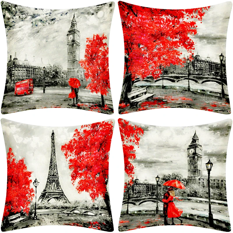 

Modern Linen Romantic Paris London Cushion Cover Eiffel Tower The Big Ben Print Pillows Case Valentine Lovers Sofa Throw Pillows