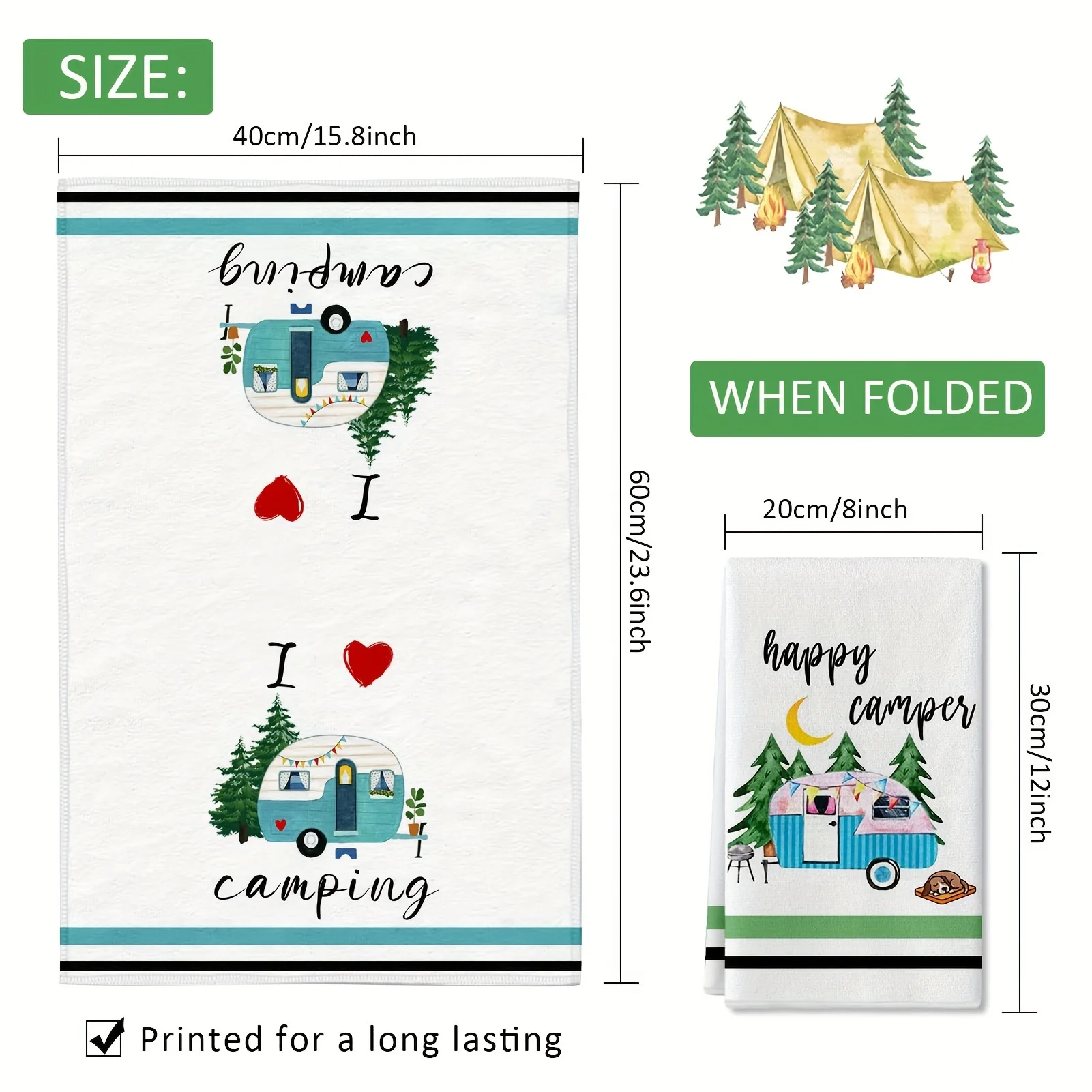 2pcs, Hand Towels, Camping Theme Kitchen Towels, Decorative Happy Campers Camping Tent Pine Tree Pattern Scouring Pad, Farmhouse