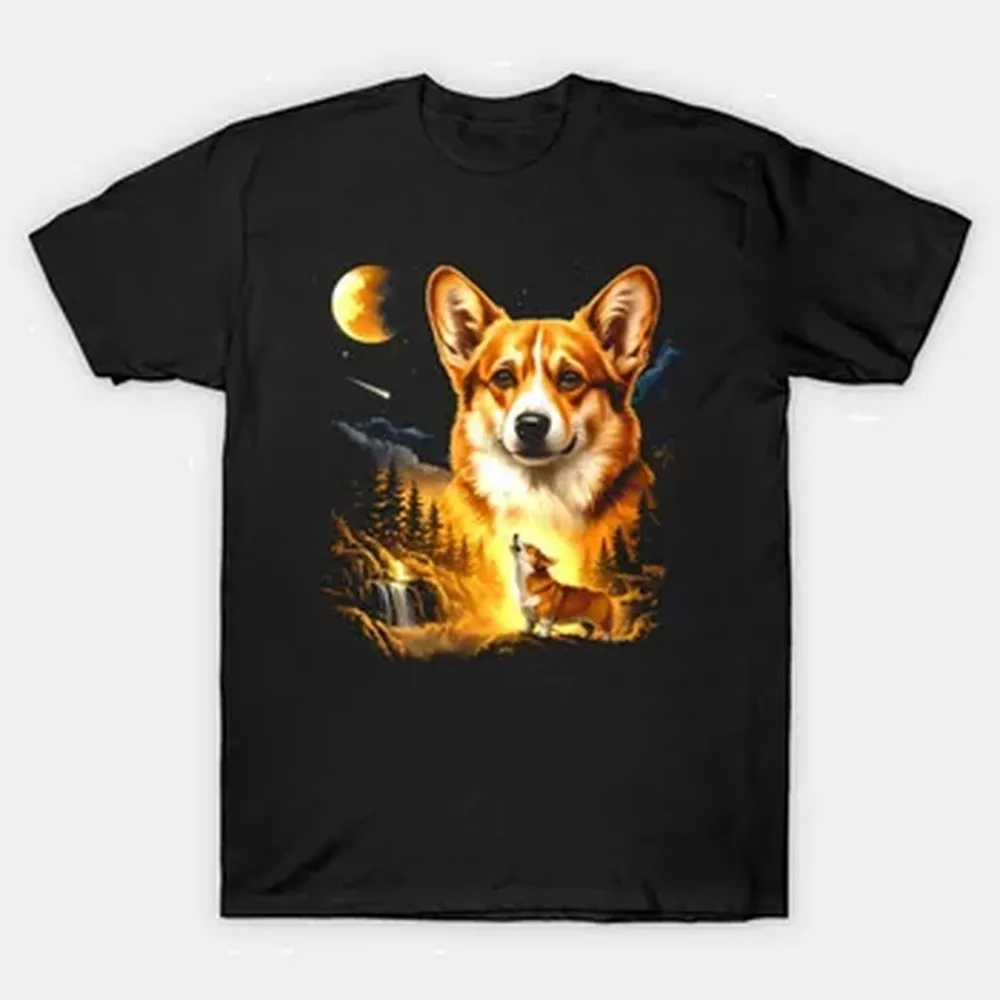Corgi Howling to The Moon Funny Vintage 90s T-shirt For Men Women 100% Cotton T Shirts Short Sleeve