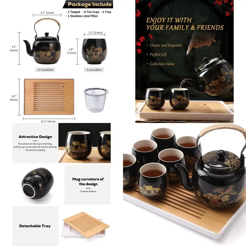

Elegant Black Porcelain Japanese Tea Set with 1 Teapot, 6 Cups, Tray, and Infuser - Golden Countryside Design