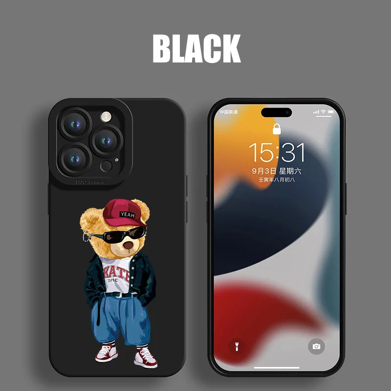 Funny Teddy Bear Black Phone Case For iPhone 11 12 13 14 15 Pro Max X XS Max XR Mini 7 8 14 15 Plus Matte Soft Silicone Cover