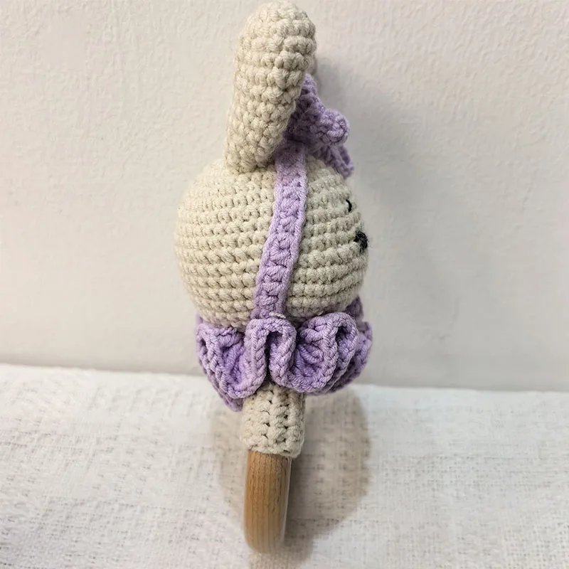 1pc Safety Wooden Baby Teether Crochet Cartoon Long Ear Bunny Baby Rattler Mobile Crib Rattle Bell Newborn Handbell Teething Toy