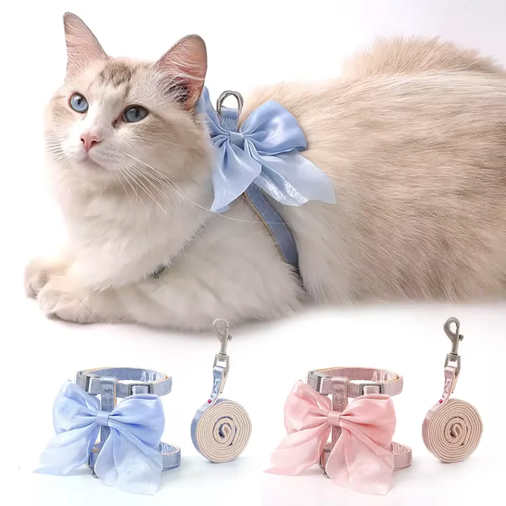 1Pcs 120cm Cat Harness Leash Set with Big Bow  Cute Pet Vest Chest Walking Outdoor Small Dog Kitten Breathable Soft Safety Strap