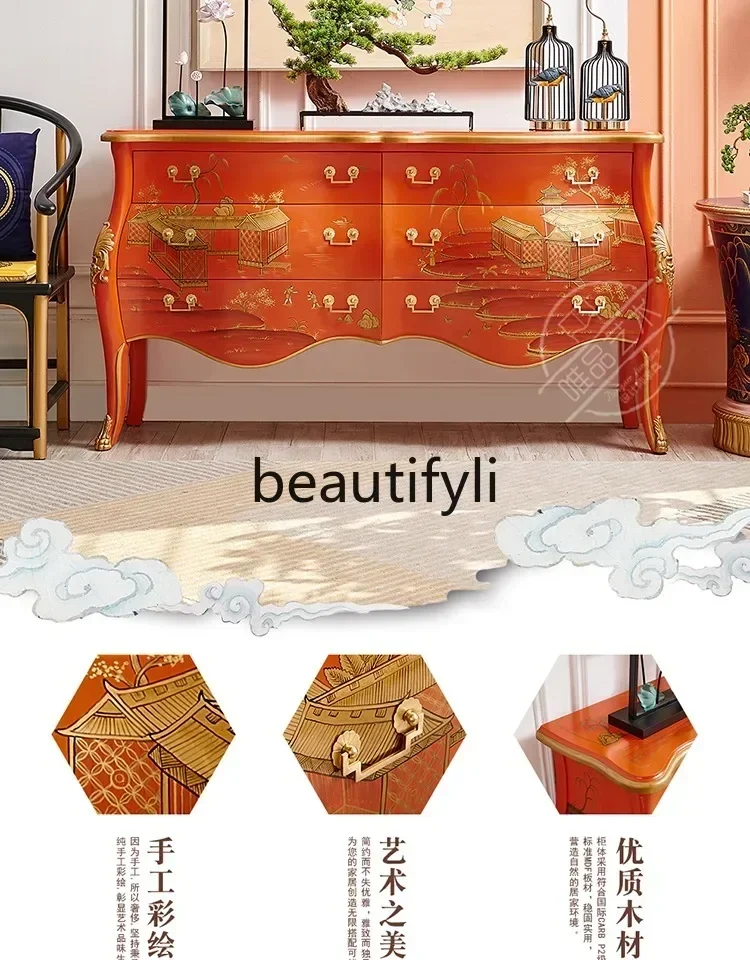 TTT Entry solid wood French retro Chinese style gold-painted entrance foyer dining side decorative cabinet4593