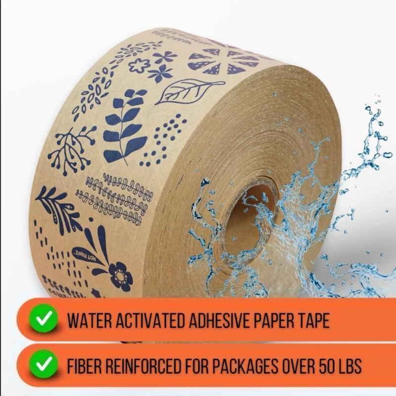 Kunden spezifisches Produkt kunden spezifischer Druck Logo Verpackung braun recyceltes wasser aktiviertes gummiertes Kraft papier band Versand verpackung selbst klebend