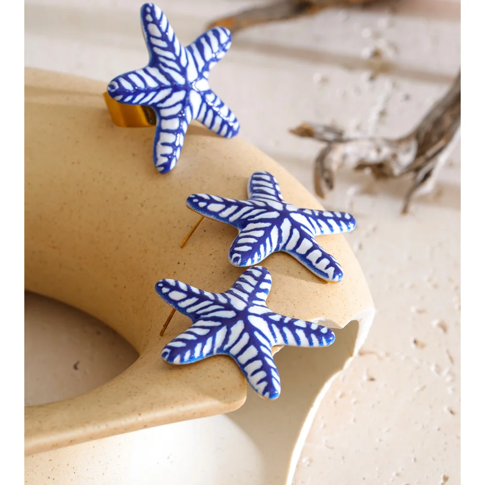 Blue Imitation Ceramic Starfish Stud Earrings & Ring Set