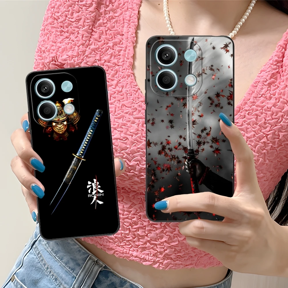 Katana Samurai Ronin Mobile Cell Phone Case for Xiaomi Redmi 14 13 13C 12 12C 10 10C A1 A2 A3 Plus 5G Black Phone Cover Shell