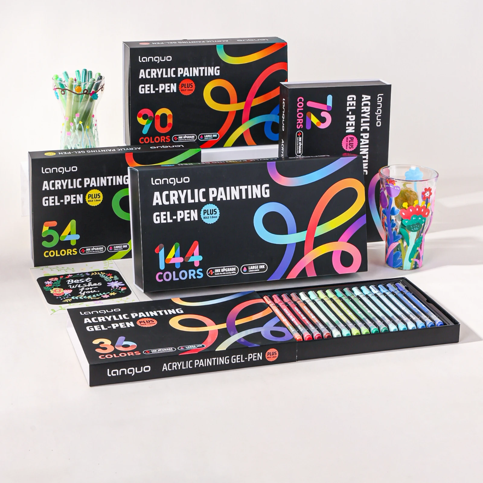 Languo 144/90/72/54/36 Color Painting Gel Pen Set 1.0mm Fine Tip Journal Pen Plus Colorful Fluorescent Gel Pen for Doodling, Handwriting, Watercoloring, Large Capacity, Strong 3D Effect/Strong Layering Effect, Suitable for Diaries, Greeting Cards, DIY Art Creation