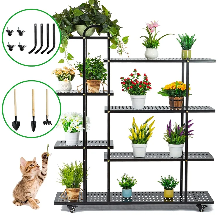 Movable Metal Plant Flower Pots Indoor Outdoor Black Plant Stand Wheels