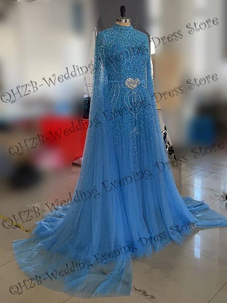 Customize O-Neck A-Line Long Sleeve Court Train Beading Sequined Engagement Birthday Floor Length Evening Gown Sexy Dress