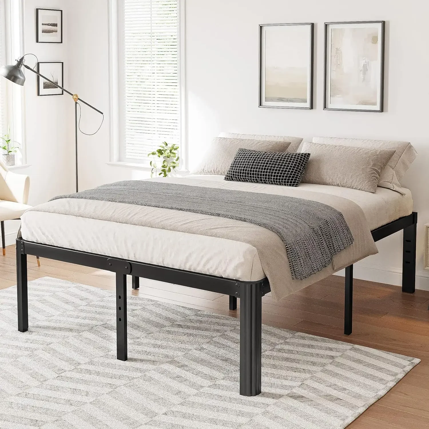 14in High Bed Frame No Box Spring Needed, Heavy Duty Metal Platform Bed Frame Queen Size with Round Corners