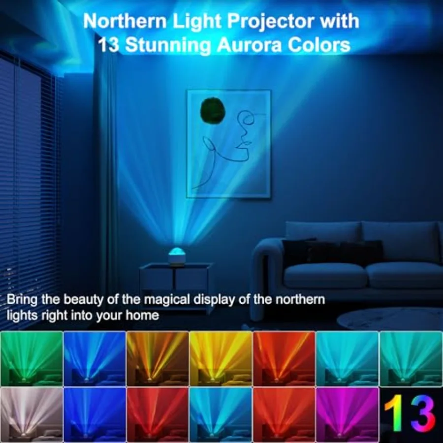 Northern Light Projector, Battery Operated Aurora Night Light with Timer Function, 13 Colors Galaxy Lamp Ripple Ceiling Project