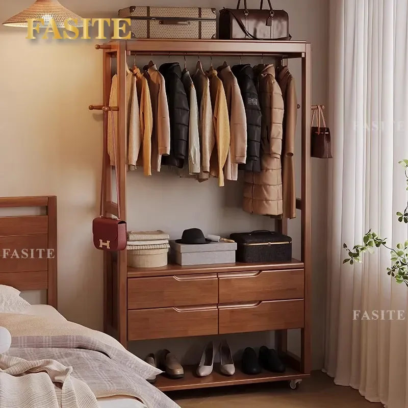 For Solid Wood Floor to Ceiling Coat Rack Multi Functional Bedroom Clothes Hanger Household Storage Stand Bedside Garment