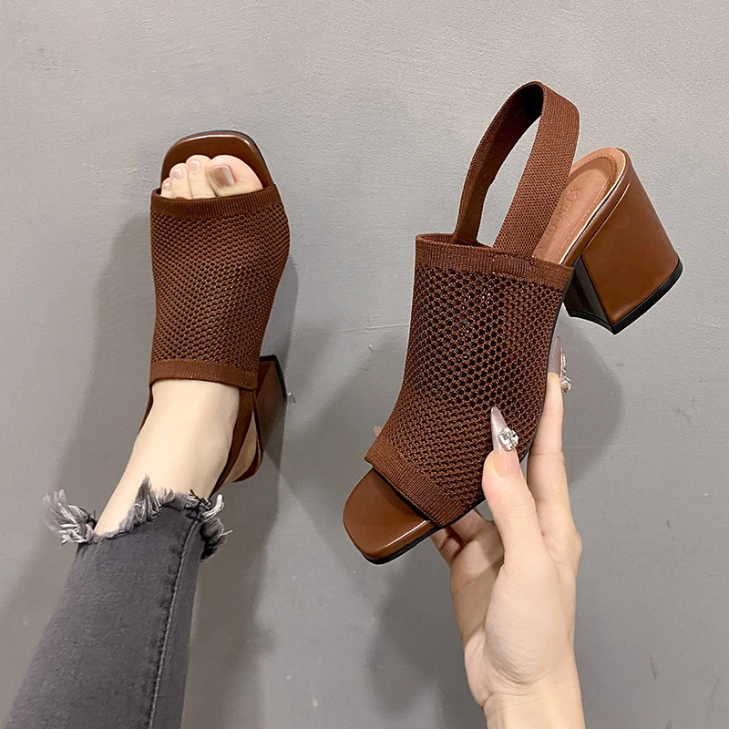 Sommer 2025 Neue Übergrößen-Sandalen mit Hohem Absatz, Atmungsaktive Stricksandalen mit Blockabsatz, Modische Braune Bequeme Damenschuhe
