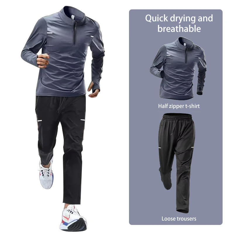 Conjunto de agasalho masculino de manga comprida de secagem rápida para corrida de outono |   Fitness Outdoor Manhã Jogging Sportswear com Calças de Treinamento