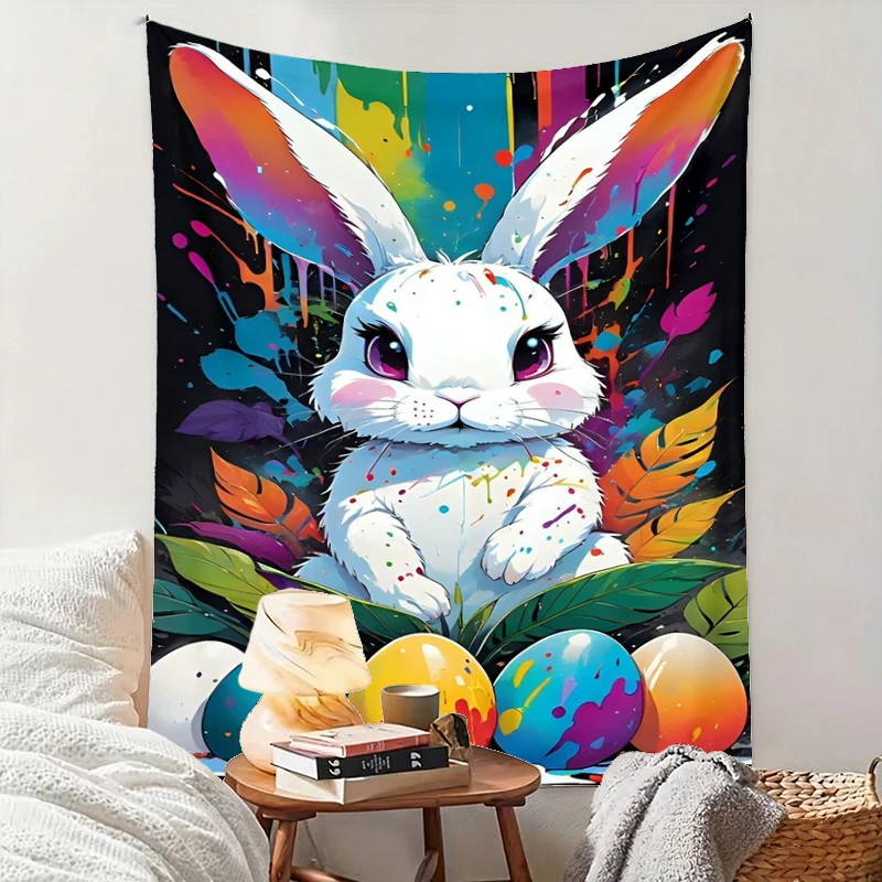 1PC Splash Rabbit Egg Art Print Backdrop Banner, Bedroom Living Room Photo Background, Polyester, Home Decor, Wall Art