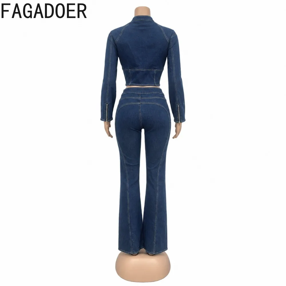 FAGADOER Women Stretch Washed Denim 2 Piece Set Corset Crop Jacket Lace Up Flare Jeans Sexy Bodycon Streetwear Outfit
