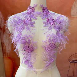 1 Pair Purple Gold Sequin Flower Embroidery Patch Sew On Appliques Black Lace Patches for Wedding Dress DIY Decor