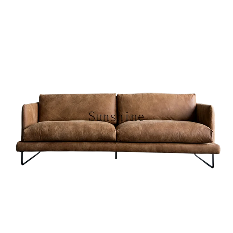 Living room three-person retro caramel color one-word first-layer cowhide fabric sofa