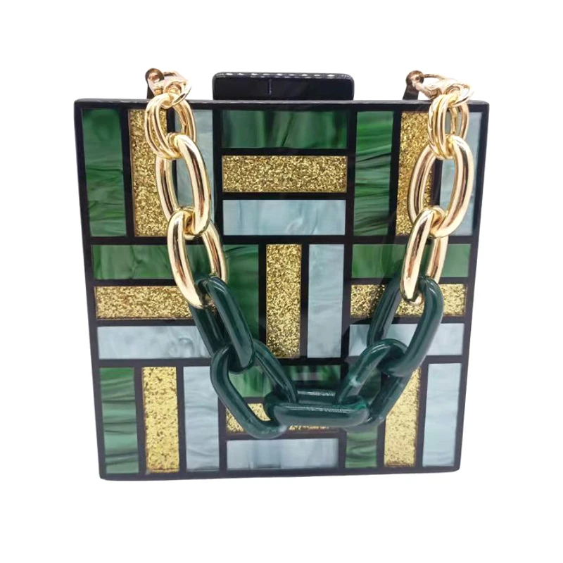 Women Bags Famous Brand Green Gold Plaid Acrylic Clutch Handbag Luxury Shoulder Small Wallet Wedding Party Messenger Evening Bag