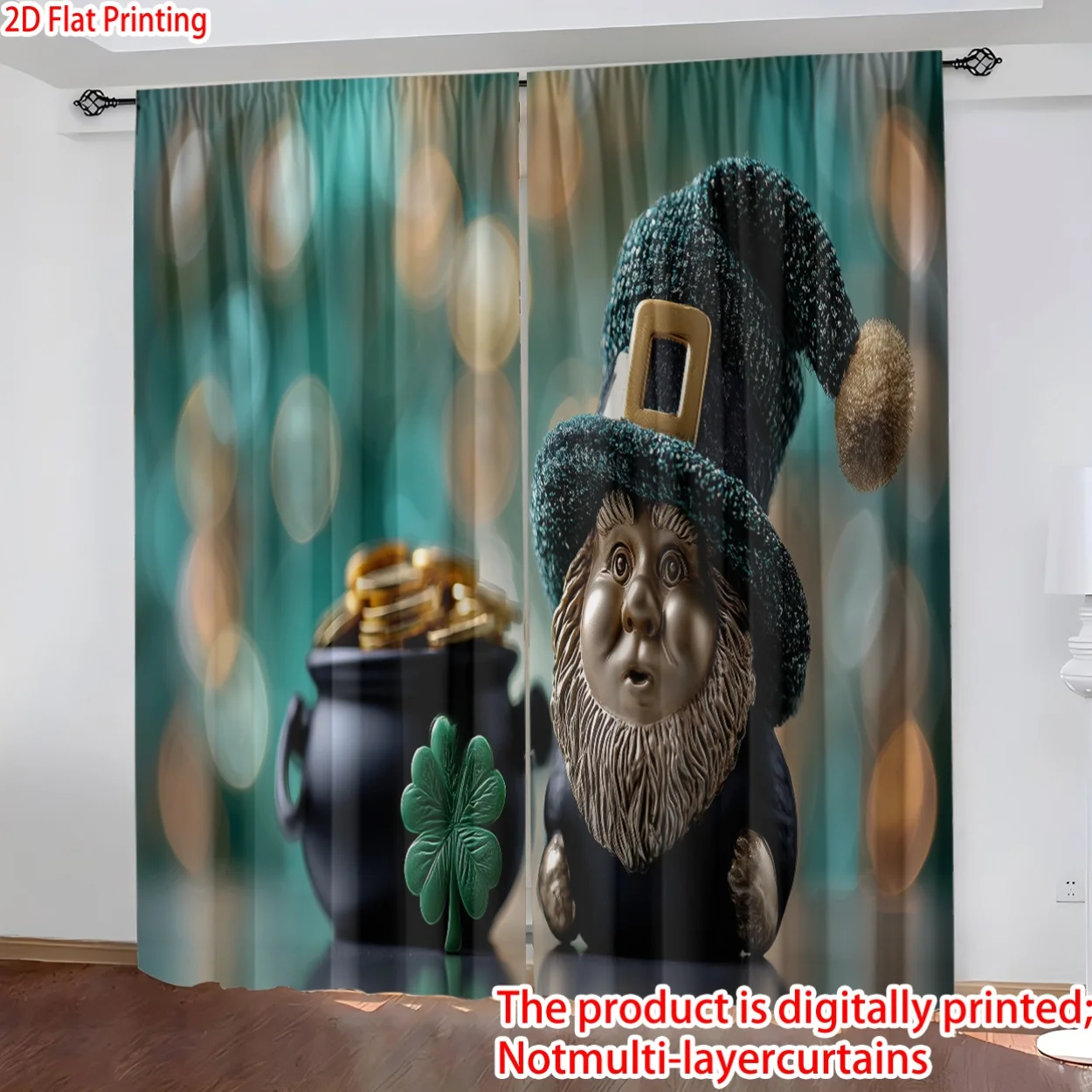 Funny Leprechaun Curtains, St Patrick's Day Pot of Gold Print Drapes, Irish Theme Decor for Living Room Bedroom Window Treatment