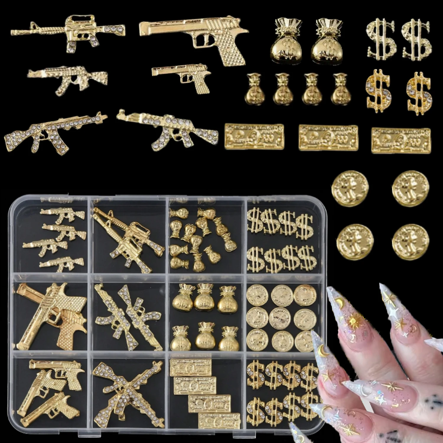 

Профессиональные 12-сетчатые крутые аксессуары для ногтей из сплава Y2K, маленькие золотые деньги, знак, доллар, пистолет, украшение для дизайна ногтей, подвеска