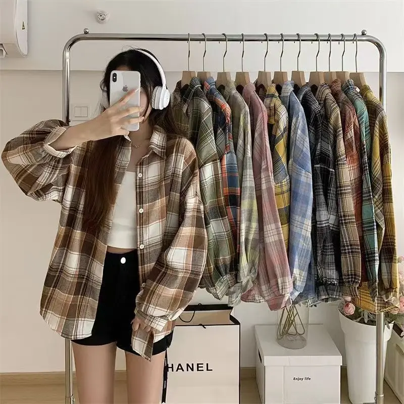 Female Vintage Single Breasted Blouse Plaid Shirt Women Casual Spring Long Sleeve Top Ladyies Preppy Style Loose Check Shirts