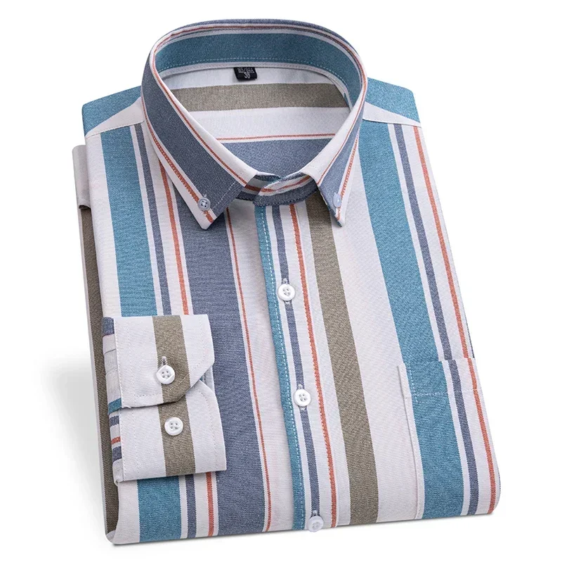 

New Oxford Shirt Men's Long Sleeve Striped Regular Casual Pocket Square Collar Business Dress Shirt For Men