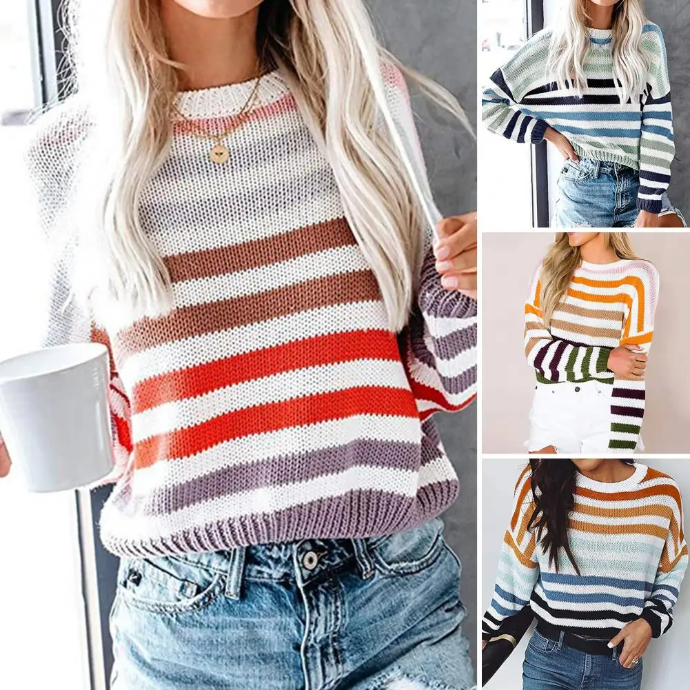 Sweater rajut wanita leher bulat, Sweater rajut wanita motif garis akrilik, Sweater rajut wanita motif garis warna-warni, Sweater longgar pas leher O