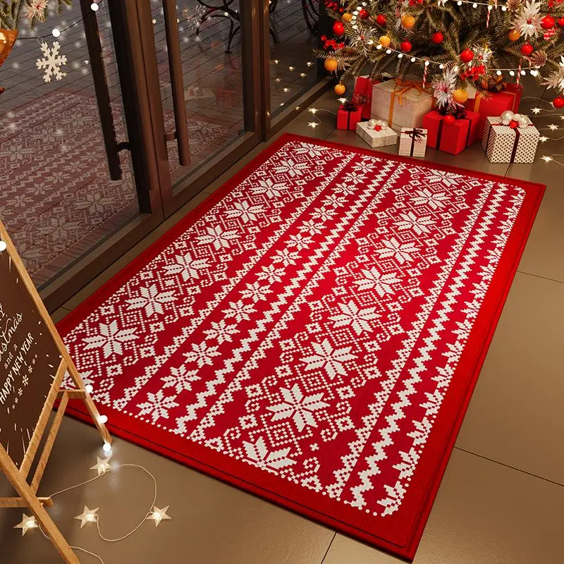 VIKAMA Christmas Crystal Velvet Door Mat Fair Isle Snowflake Pattern Print Non Slip Mat For Front Door Porch Entry Decor