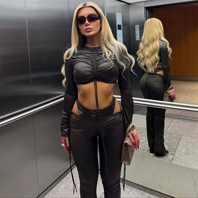 

Doyerl PU Faux Leather Club Outfits Woman Two Piece Set Fall Winter Long Sleeve Drawstring Ruched Crop Top and Flare Pants Sets