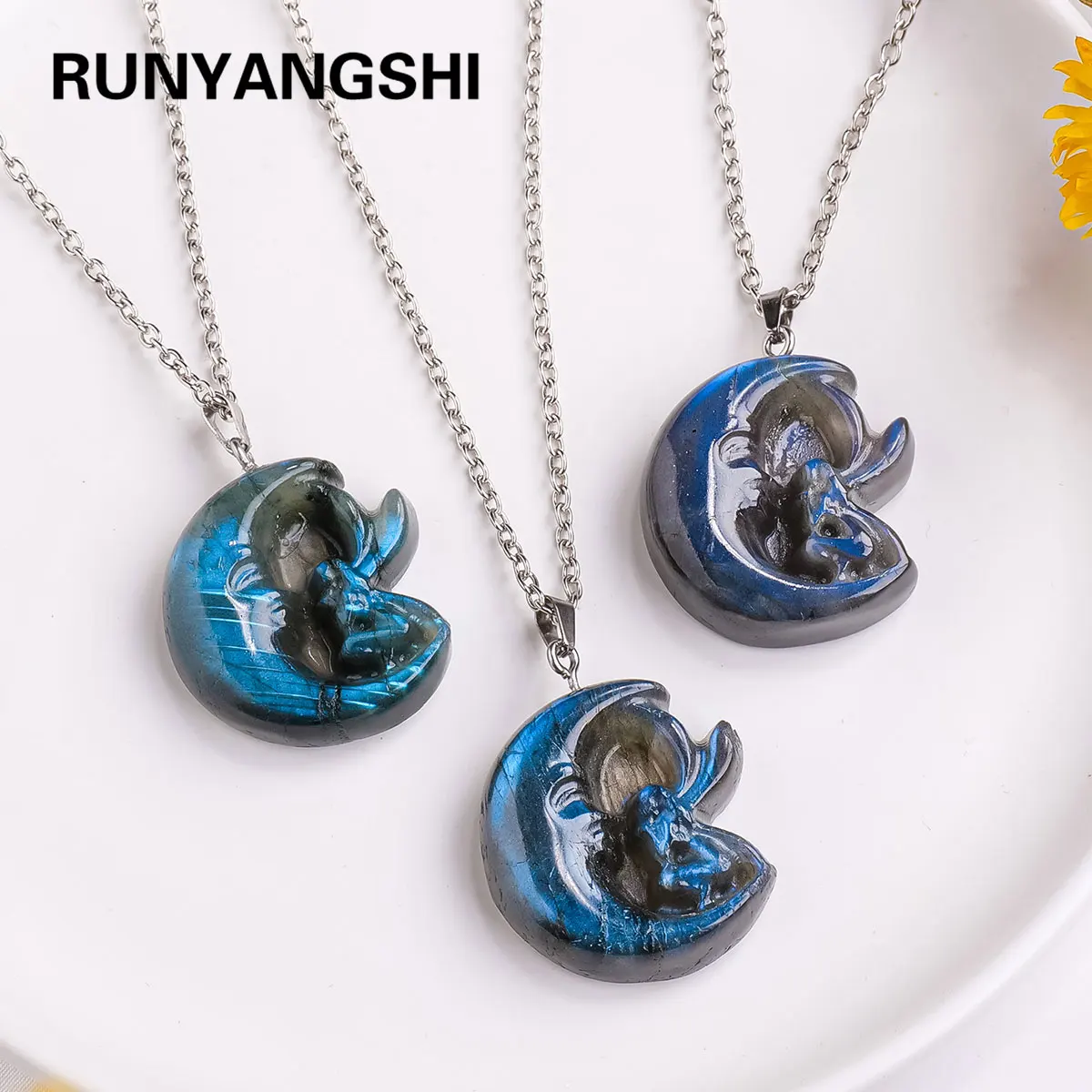 1pc Natural crystal Labradorite Blue Flash Moon Fairy Statue Pocket Pendant Flowing light necklace Crafts Stone Hanging Ornament