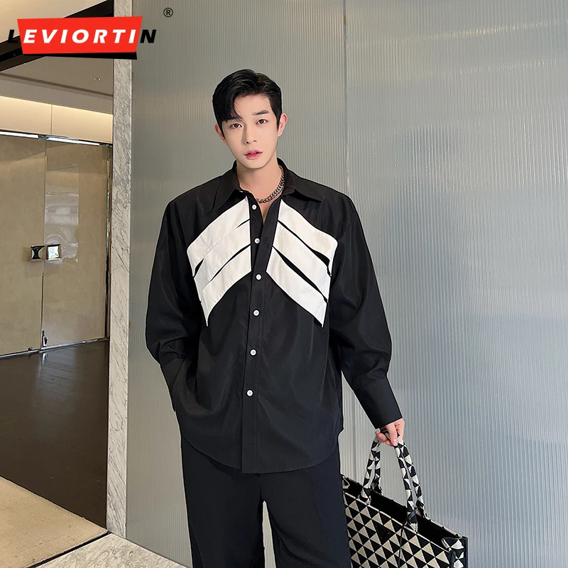 Camisas de retazos de bloques de Color para hombres, blusa con botones de manga larga con solapa, ropa de calle, camisa holgada informal de otoño Unisex