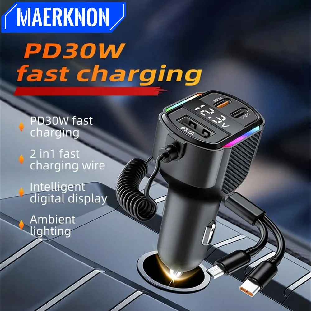 USB-Autoladegerät PD 30 W 2 in 1 USB einziehbares Feder-Auto-Ladekabel 3 Port Typ C Schnelllade-Autotelefon-Adapter für iPhone