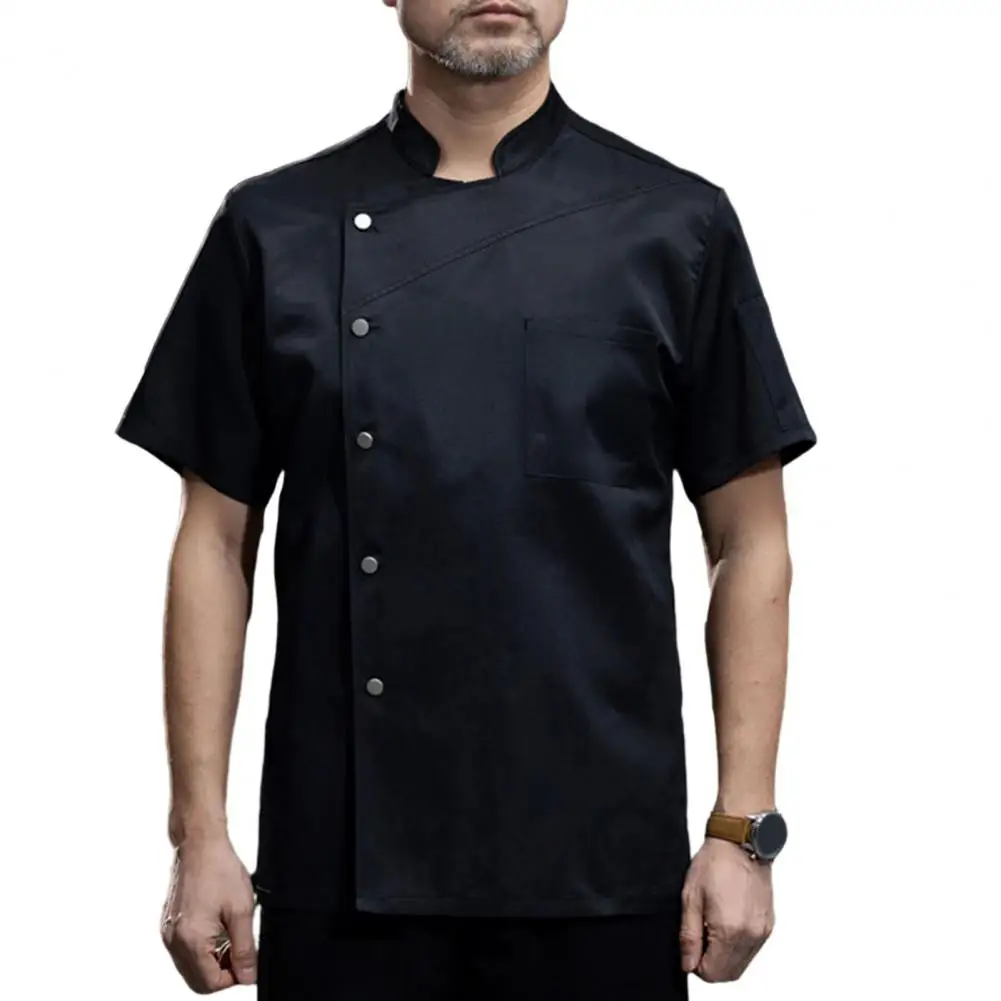 Uniforme de chef cuisinier, col montant, simple boutonnage, poche plaquée, manches courtes, cuisinier, restaurant Chamonix, vêtements de travail de cuisine