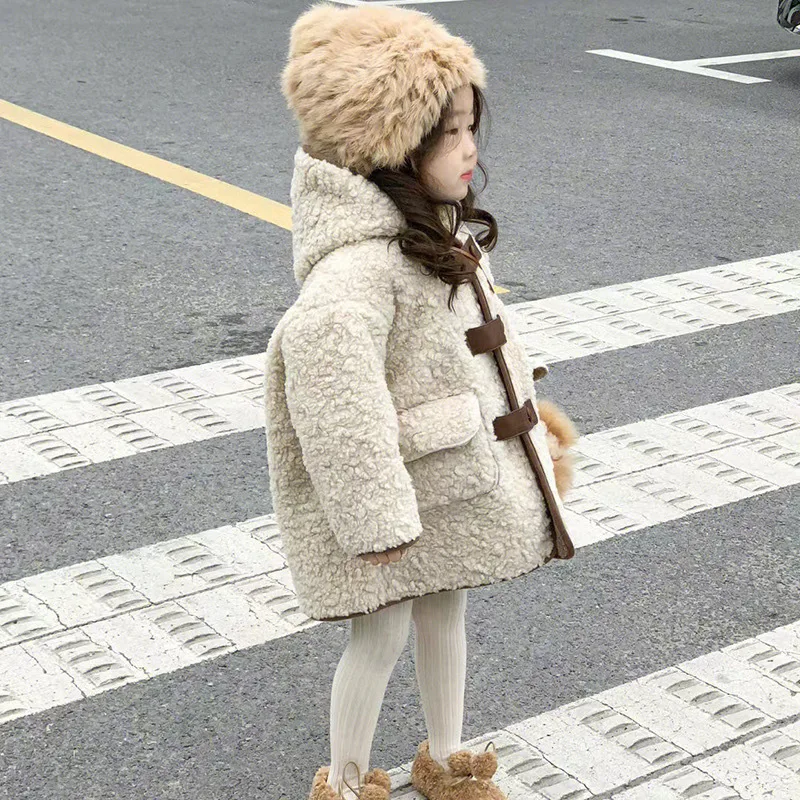 Baby Girls Lamb Wool Coats 2024 Autumn Winter Fashion Children Long Sleeve Thickened Hooded Warm Jackets Kids Clothes Outerwear