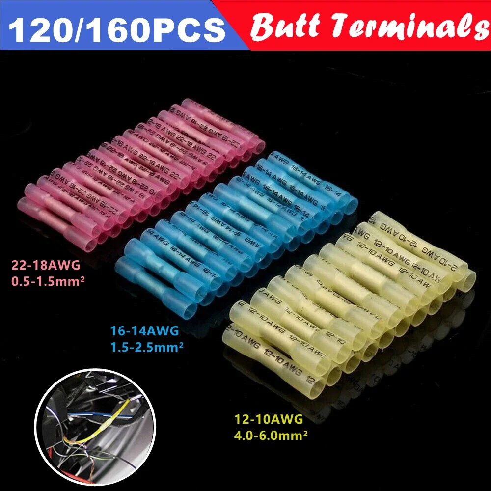 

120/160PCS Fully Insulated Electrical Wire Terminal Seal Cable Connectors Heat Shrink Butt Crimp Terminals Waterproof 22-10AWG