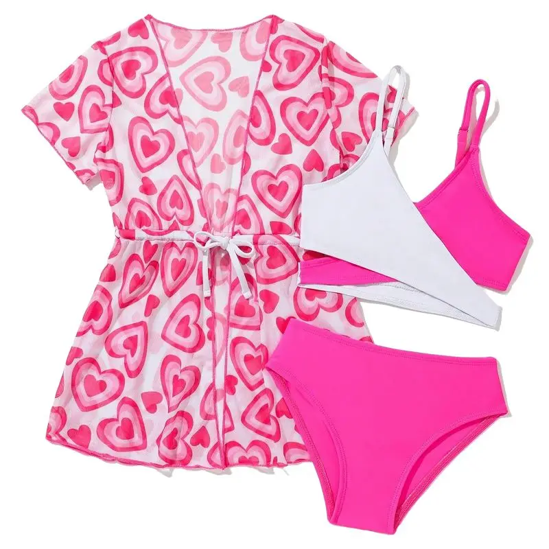 Комплект бикини с высокой талией и принтом сердца для девочек, комплект бикини с накидкой, детский купальник, детский купальный костюм, пляжная одежда