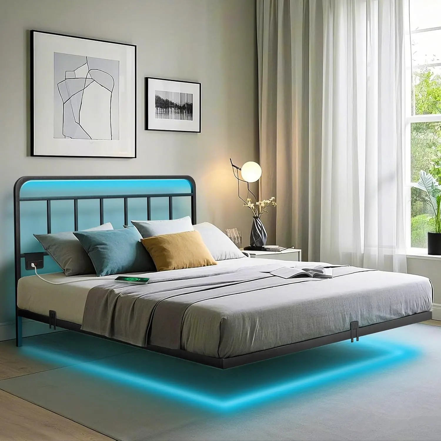 

Queen LED Platform Bed Frame with Charging Station, Tool & Hardware Kit, Hardened Steel, Customized