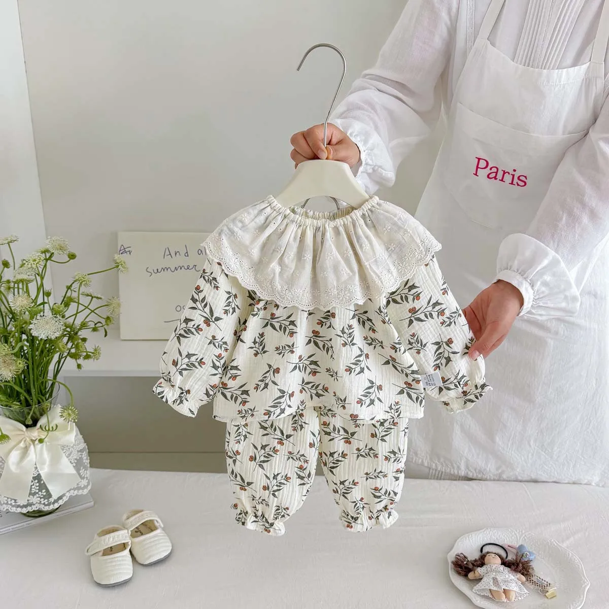 2026 New Fall Girls 2Pcs Set | Toddler Cherry Floral Print Top + Pants Outfit | Lace Large Lapel Collar Loose Cotton Suit