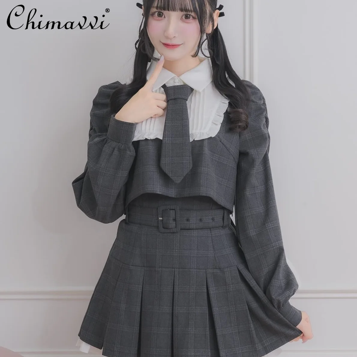 

Новый весенний японский модный комплект в студенческом стиле: топ с длинными рукавами, воротником-галстуком и рюшами + плиссированная юбка с поясом, милый женский костюм из двух предметов