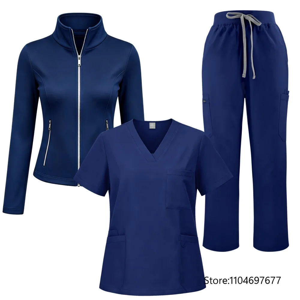 2026-new-female-women-three-piece-suit-comfortable-warm-long-sleeved-coat-surgical-medical-hospital-clinic-spa-salon-scrub-sets