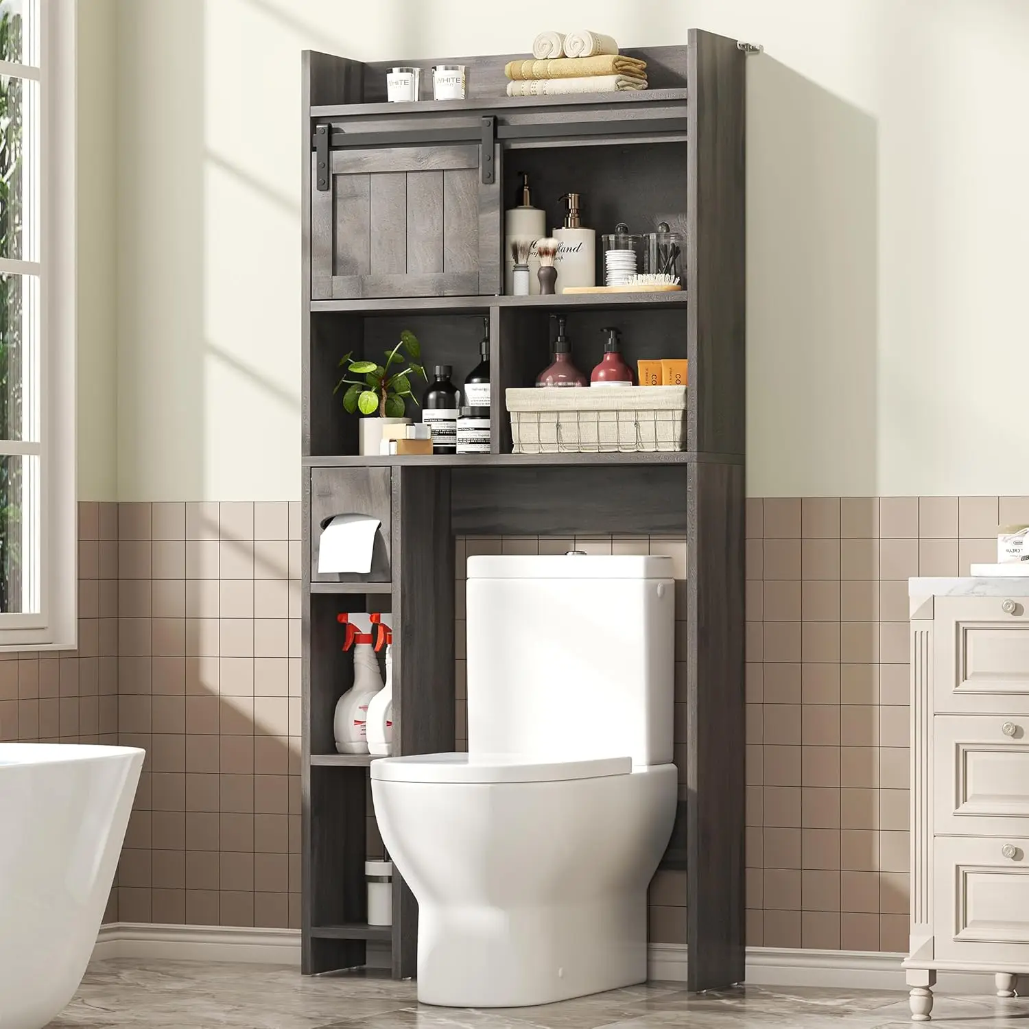 

Grey Over Toilet Storage Cabinet with Sliding Door & Paper Holder, Bathroom Space Saver Shelf, 23.6"x9.4"x68.1", Customized