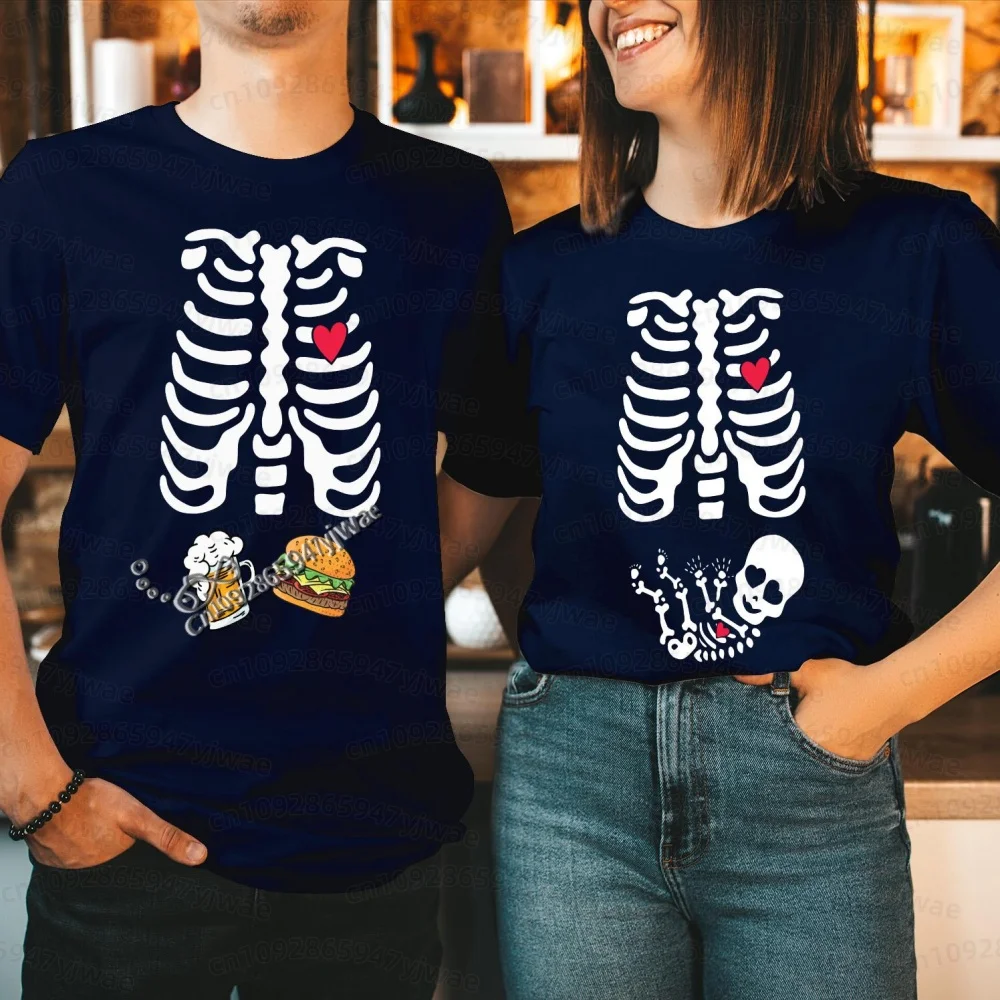 2026 Herren Halloween Skelett Schwangerschafts-Baby Halloween T-Shirt Totenkopf-Knochen-Druck Kurzarm Damen Herren Halloween Paar T-Shirt – Detail 27